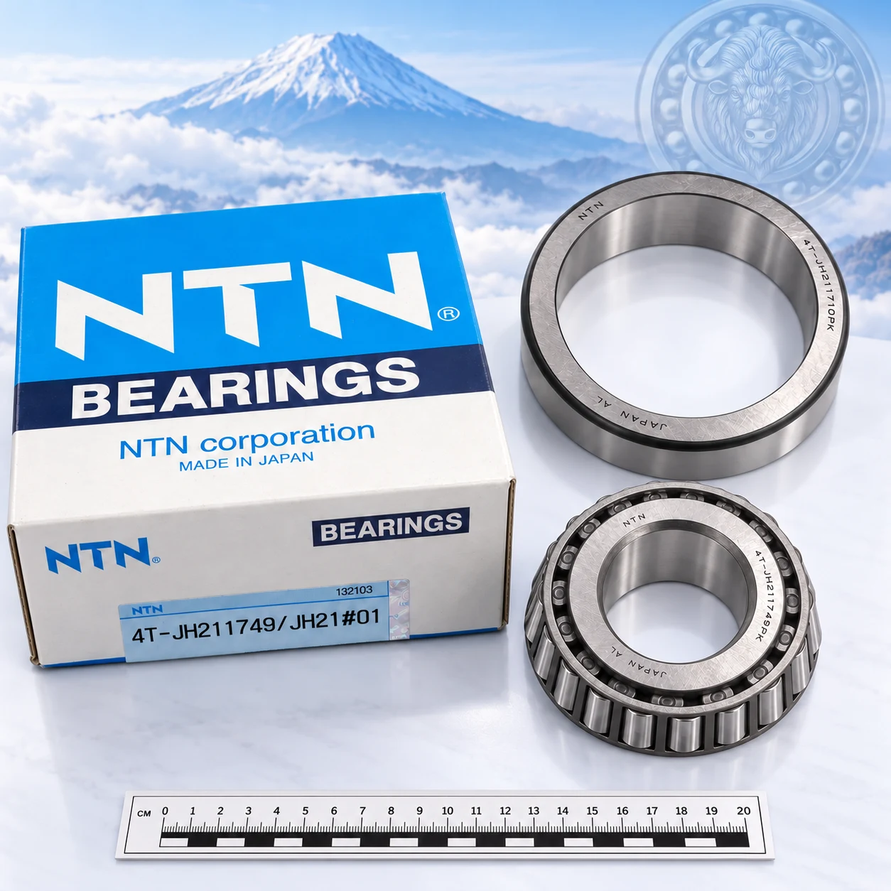 Иллюстрация NTN 4T-JH211749PK / 4T-JH211710PK по исходным фотографиям: конус и наружное кольцо одного комплектного подшипника; линейка для приблизительного масштаба.: Подшипник 4T-JH211749PK / 4T-JH211710PK NTN