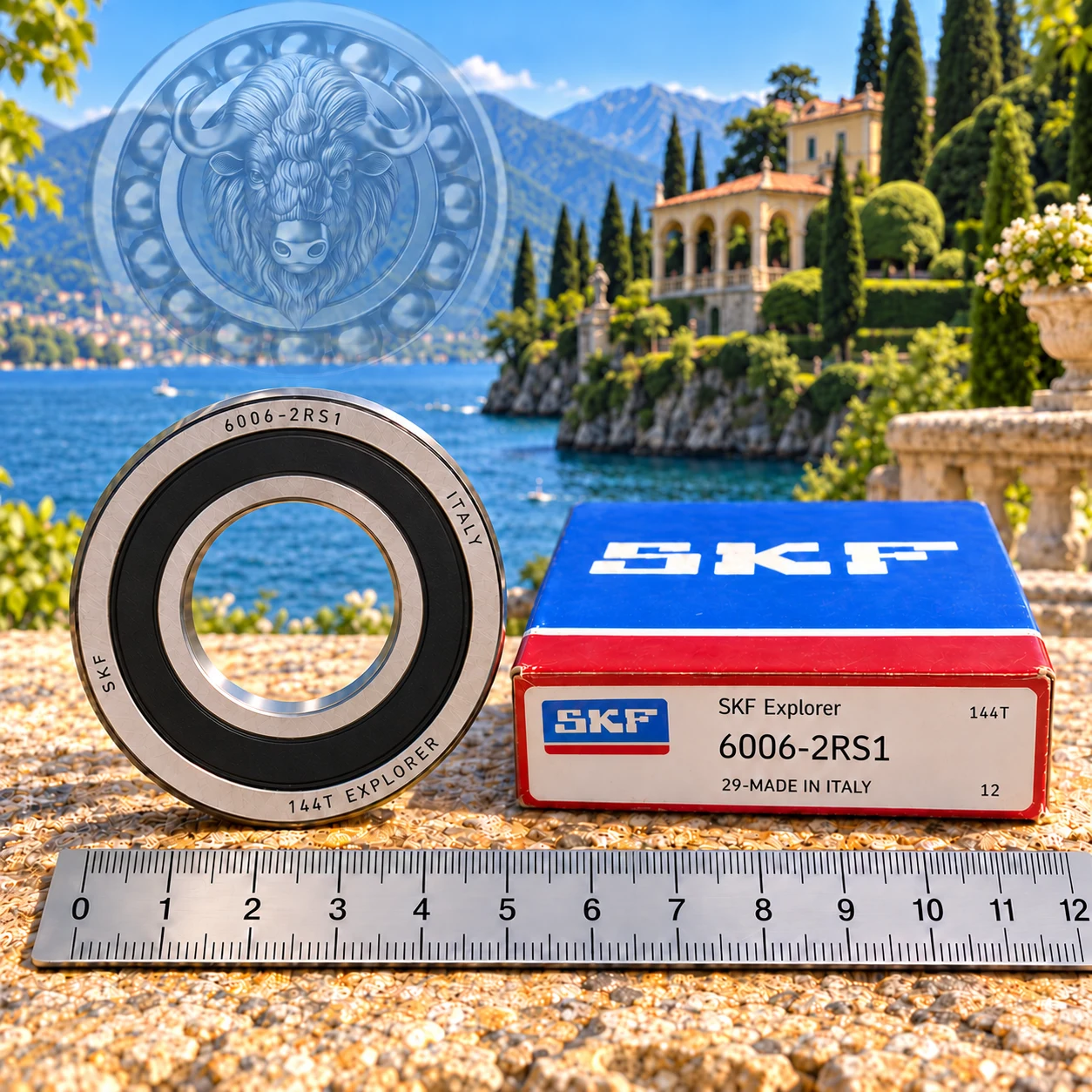 SKF 6006-2RS1 с коробкой и линейкой на итальянском фоне; обработка исходного фото.: Подшипник 6006 2RS1 SKF