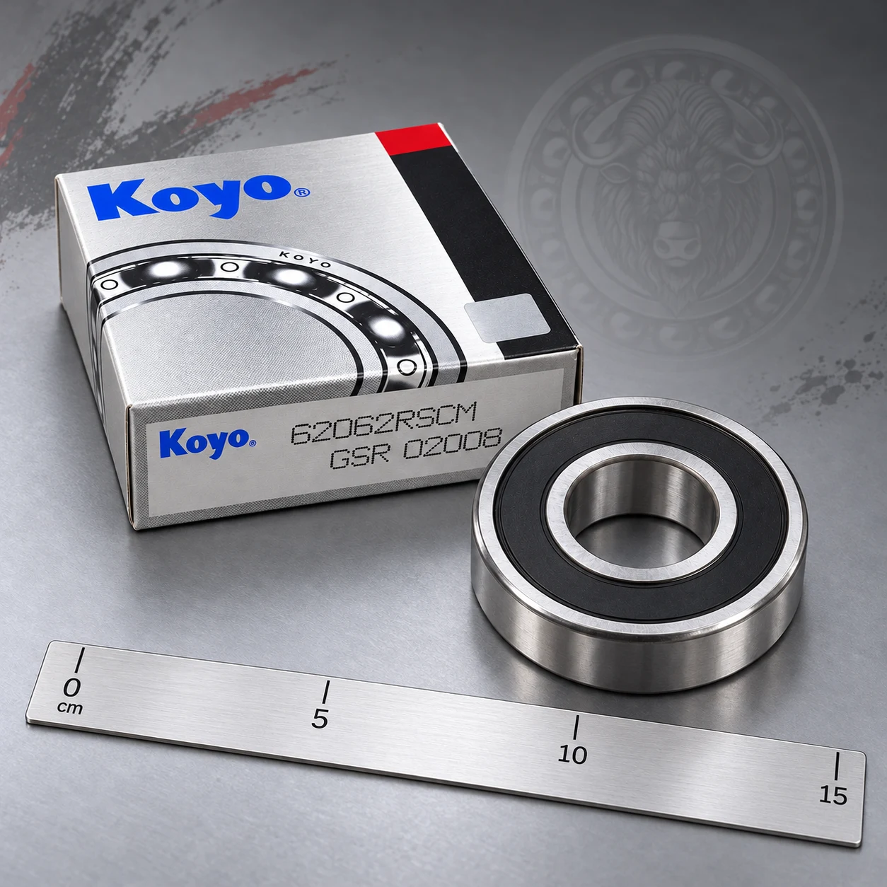 Обработанное товарное изображение KOYO 62062RSCM с упаковкой; линейка для ориентировочного масштаба: Подшипник KOYO 62062RSCM
