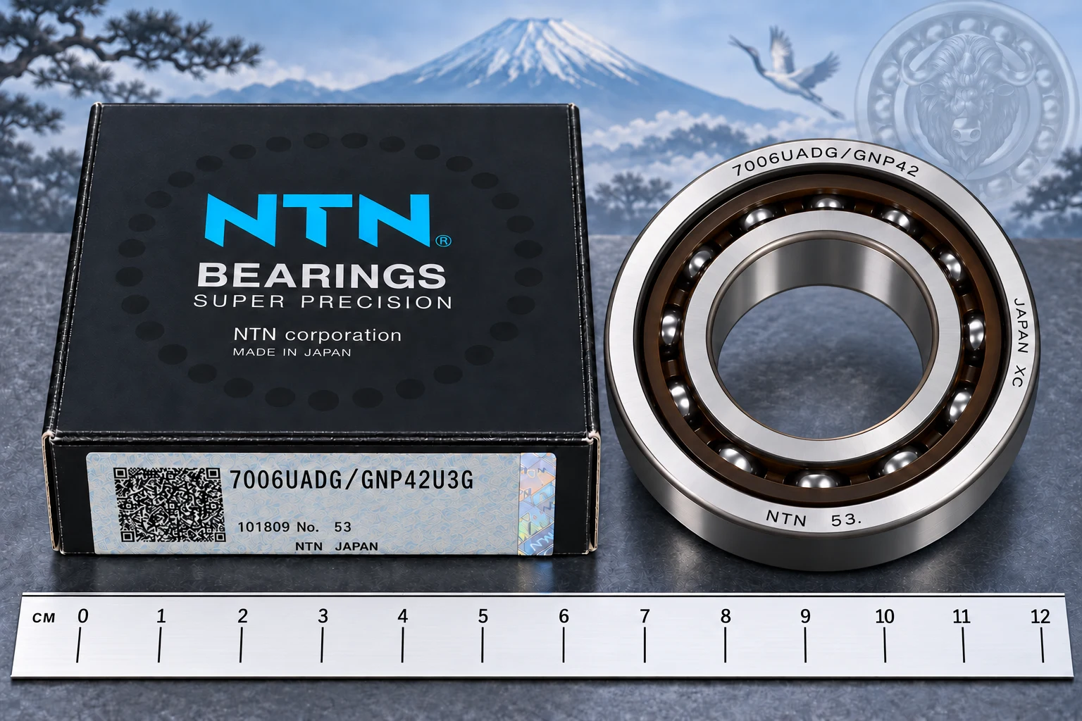 Иллюстрация NTN 7006UADG/GNP42U3G по исходным фотографиям; один подшипник, линейка для приблизительного масштаба.: Подшипник 7006UADG/GNP42U3G NTN