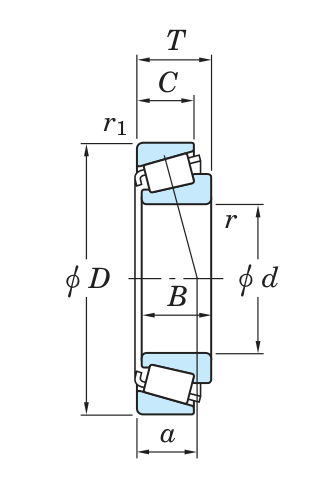 Типовая схема размеров однорядного конического подшипника KOYO/JTEKT (d, D, T, B, C), из страницы каталога с 30203JR.: Подшипник KOYO HI-CAP 30203JR