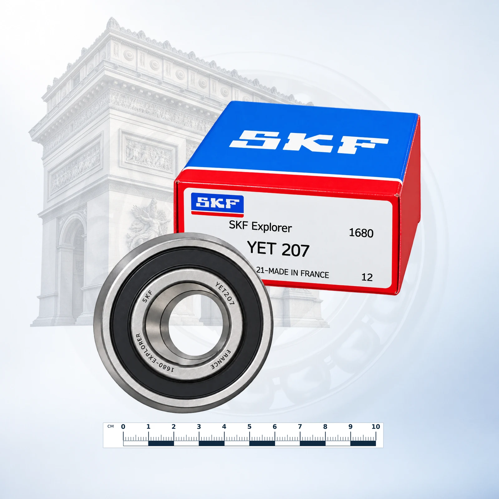 SKF Explorer YET 207 — обработанное каталожное изображение по фото владельца, коробка и масштабная линейка: Подшипник SKF Explorer YET 207