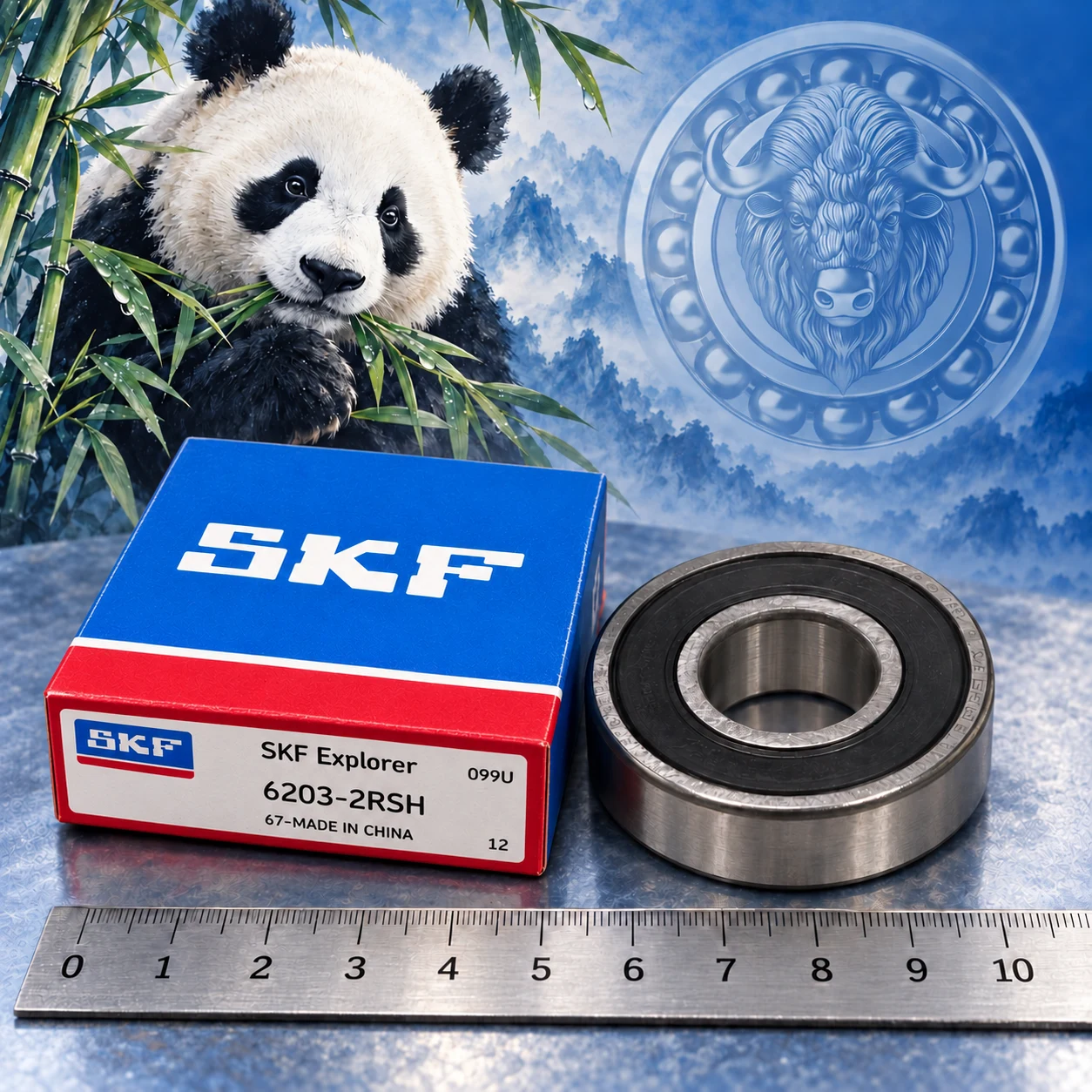 Обработанное фото подшипника и упаковки с линейкой.: Подшипник SKF 6203-2RSH