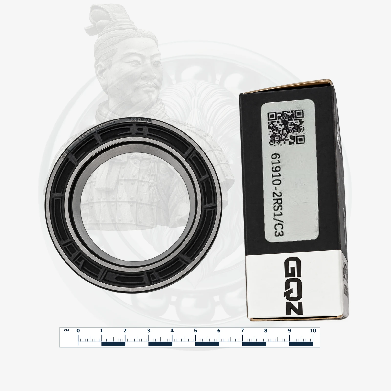 GQZ 61910-2RS1/C3 — обработанное каталожное изображение по фото владельца, коробка и масштабная линейка: Подшипник GQZ 61910-2RS1/C3