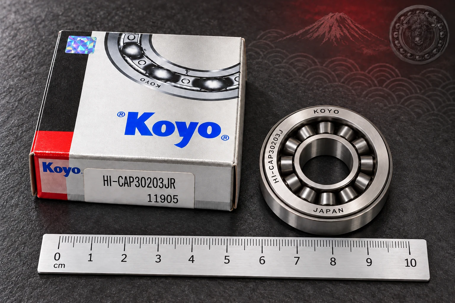 Обработанное товарное изображение KOYO HI-CAP 30203JR; на кольце 30203J, линейка для ориентировочного масштаба: Подшипник KOYO HI-CAP 30203JR