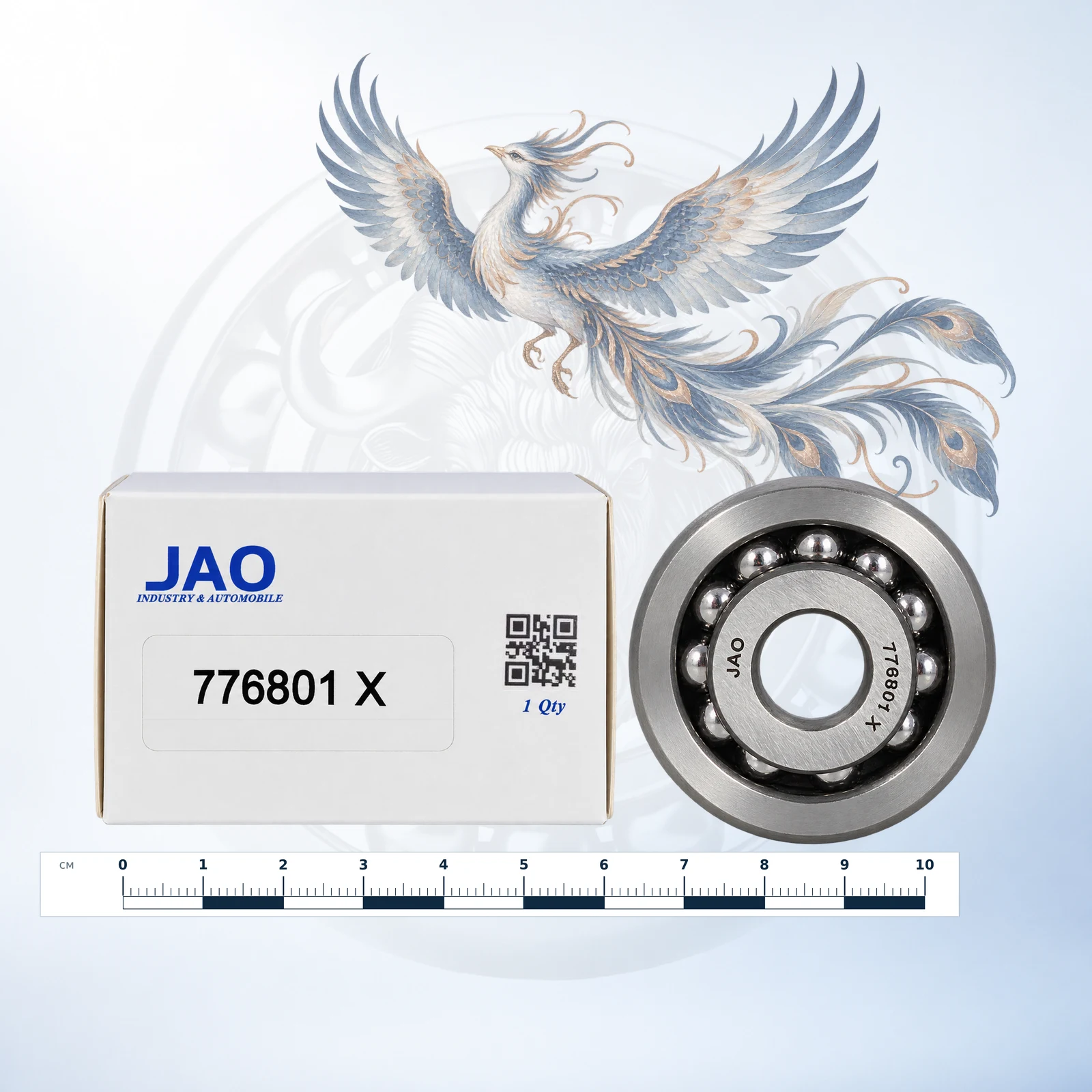 Обработанное каталожное изображение JAO 776801 X: подшипник, коробка и масштабная линейка.: Подшипник JAO 776801 X (6-776801X)