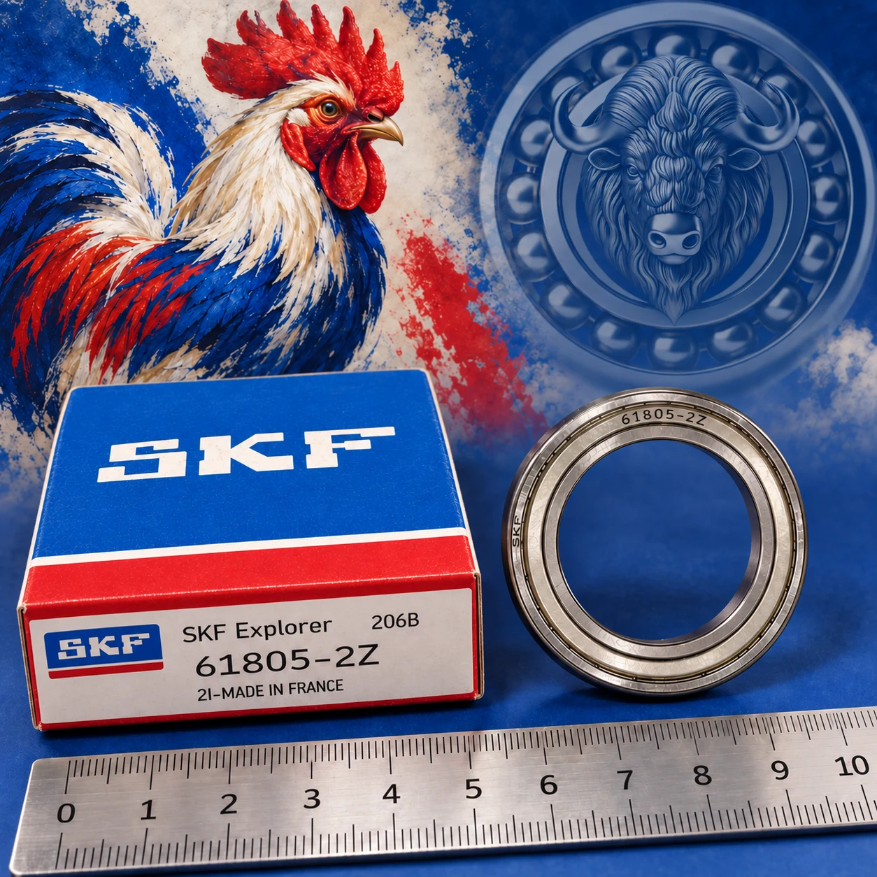 SKF 61805-2Z с коробкой и линейкой, французский петух на фоне; обработанное изображение по исходным фото.: Подшипник 61805 2Z SKF