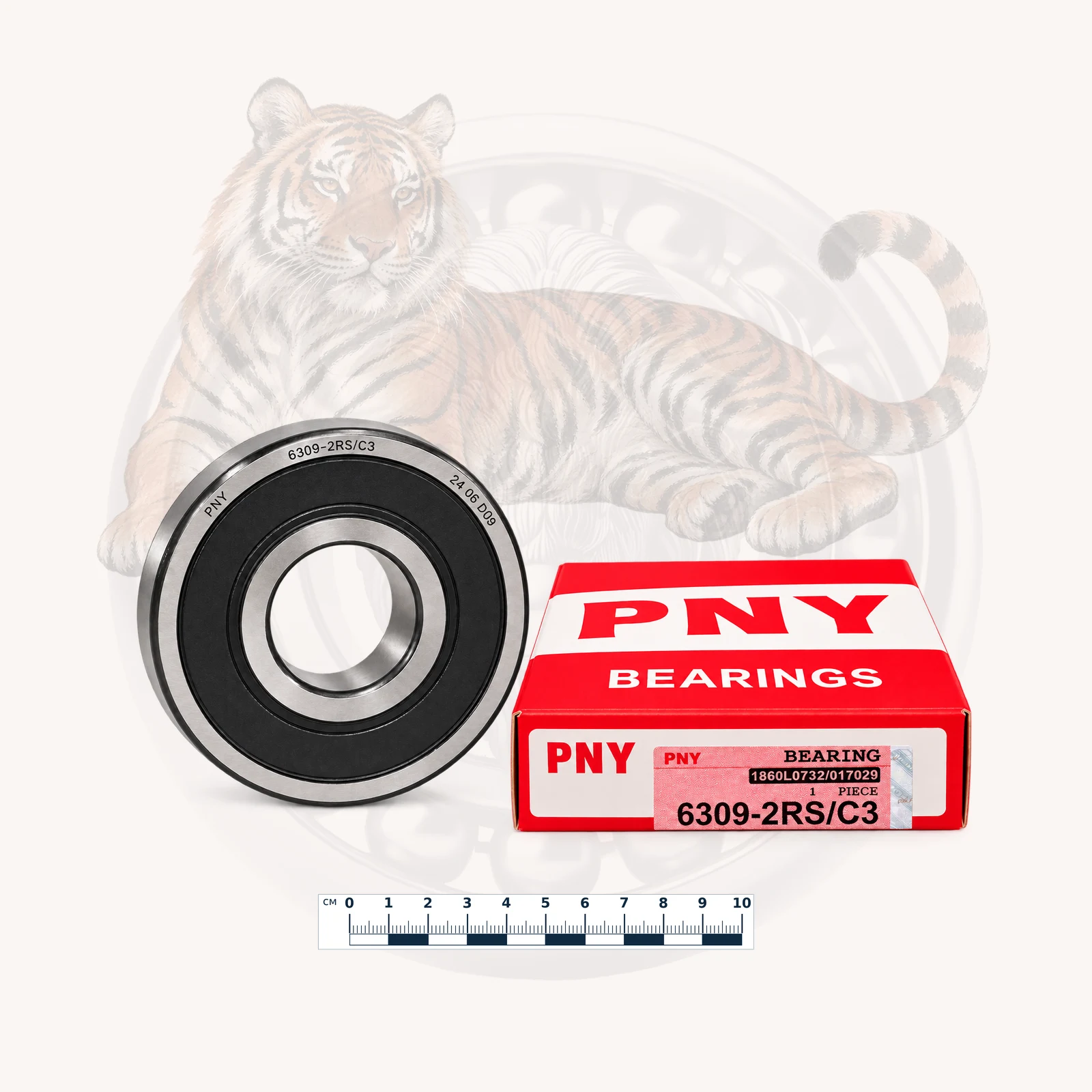 Обработанное каталожное изображение PNY 6309-2RS/C3: подшипник и фирменная коробка.: Подшипник PNY 6309-2RS/C3