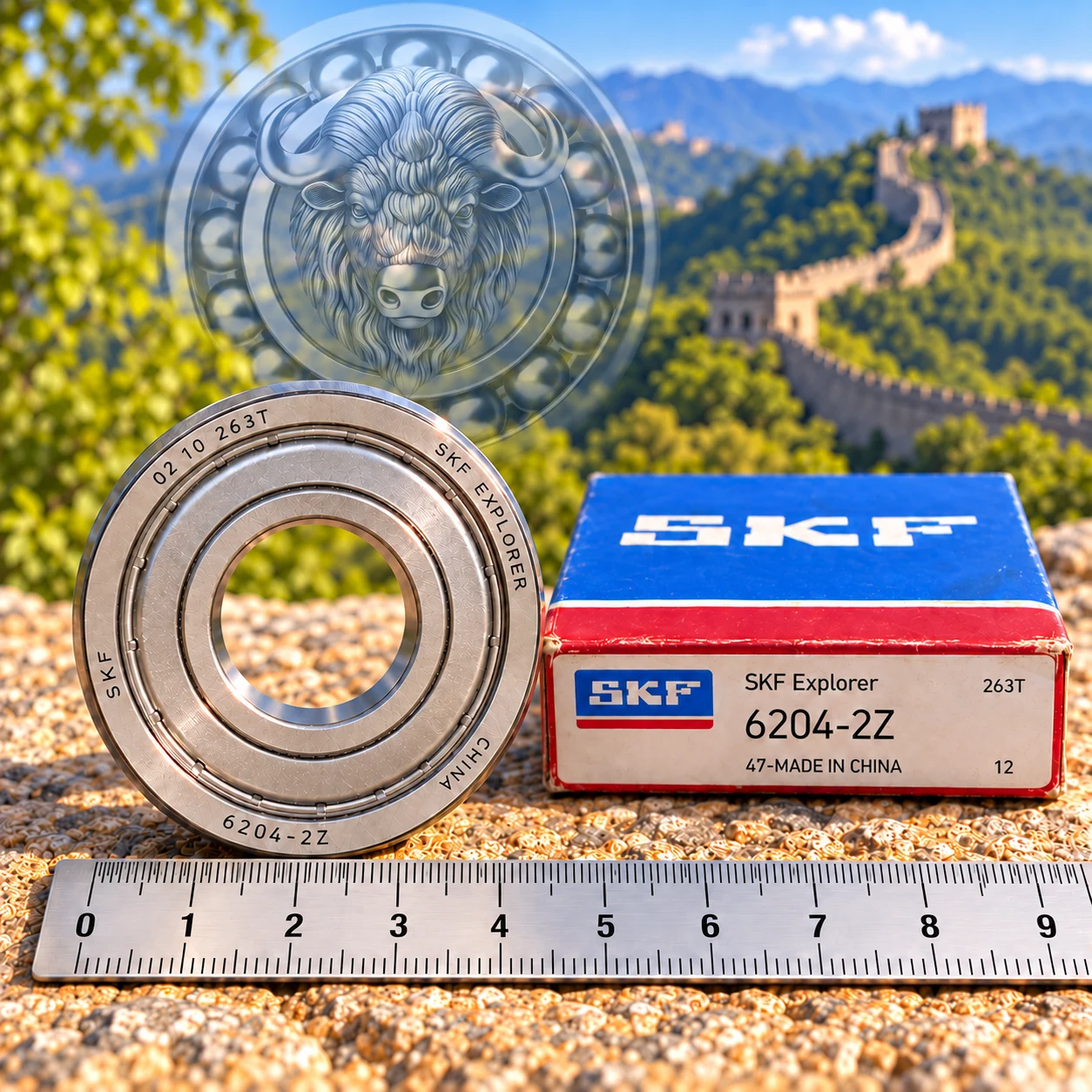 SKF 6204-2Z с металлическими защитными шайбами, коробкой и линейкой на фоне Великой Китайской стены; обработка исходного фото.: Подшипник SKF 6204-2Z