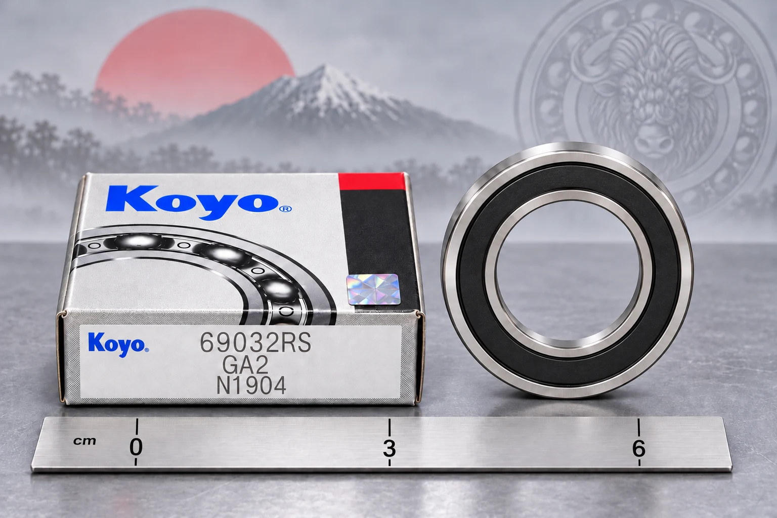 Обработанное товарное изображение KOYO 69032RS с коробкой; нечитаемые мелкие маркировки не воспроизведены, линейка для ориентировочного масштаба: Подшипник KOYO 69032RS