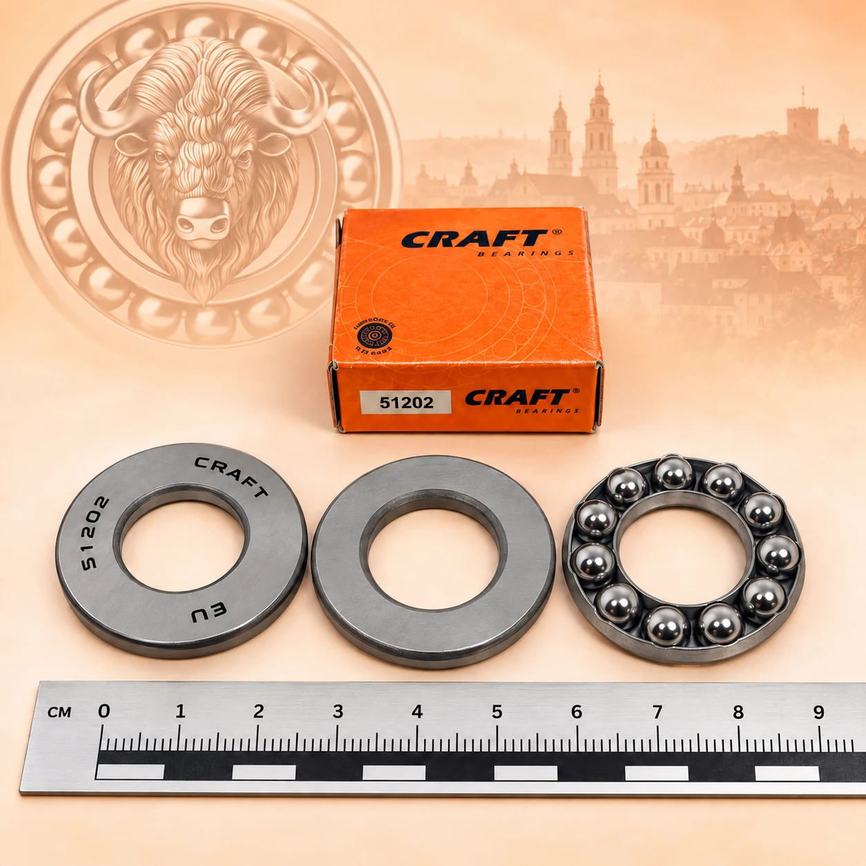 Иллюстрация на основе складского фото: CRAFT 51202, два кольца и сепаратор с шариками рядом с коробкой; линейка имеет приблизительный масштаб.: Подшипник 51202 CRAFT