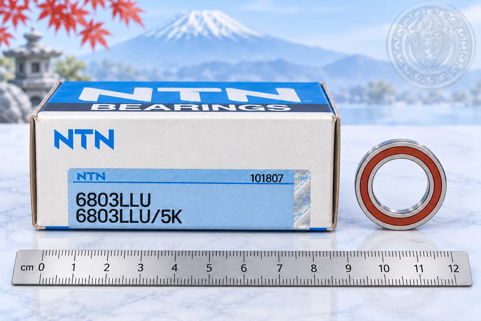 Иллюстрация NTN 6803LLU/5K по исходным фотографиям товара и упаковки; линейка для приблизительного масштаба.: Подшипник 6803 LLU/5K NTN