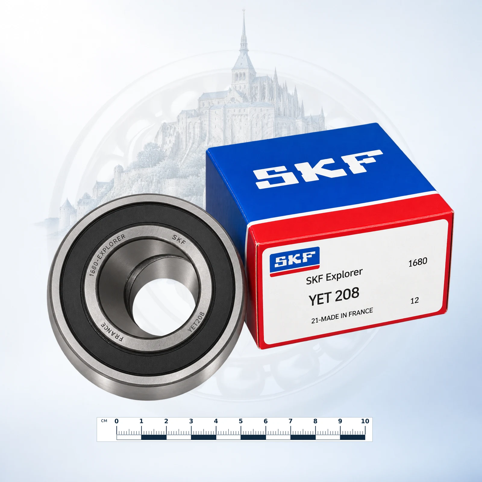 SKF Explorer YET 208 — обработанное каталожное изображение по фото владельца, коробка и масштабная линейка: Подшипник-вставка SKF Explorer YET 208