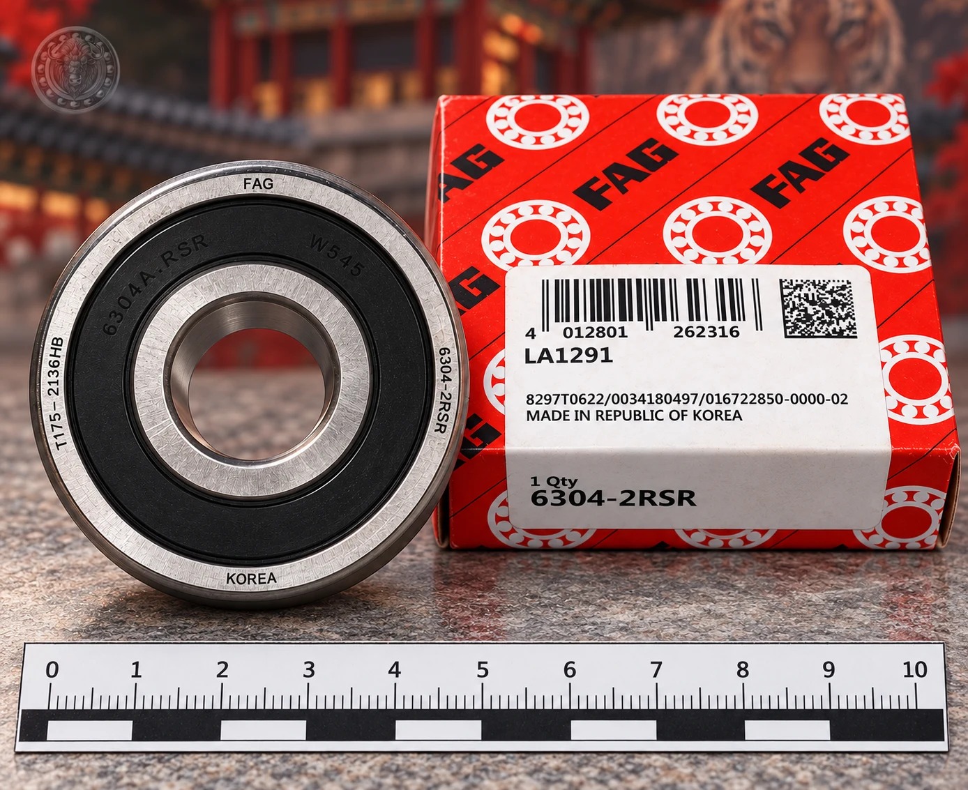 Обработанное ИИ изображение FAG 6304-2RSR по исходным фотографиям, с коробкой и сравнительной линейкой.: Подшипник FAG 6304-2RSR