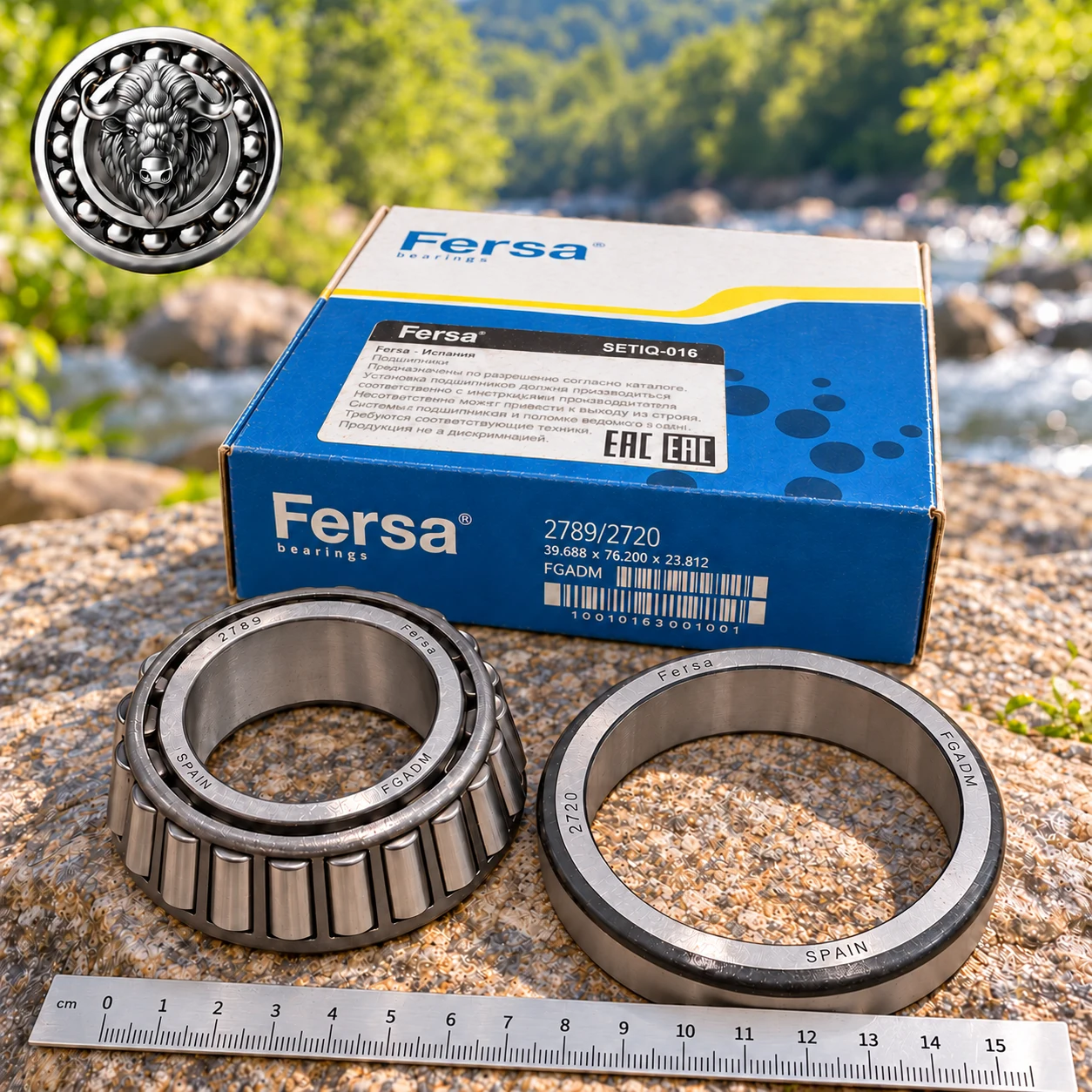 Подшипник FERSA 2789/2720 с фирменной коробкой и линейкой для сравнения масштаба: Подшипник FERSA 2789/2720