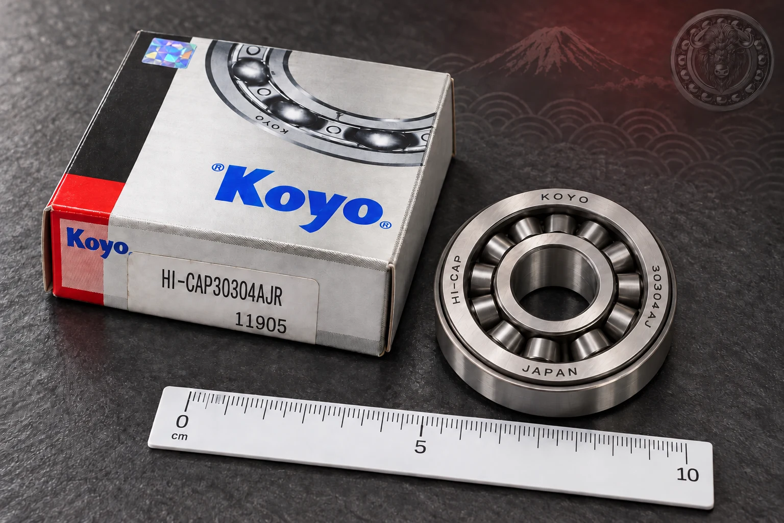 Обработанное товарное изображение KOYO HI-CAP 30304AJR; на кольце 30304AJ, линейка для ориентировочного масштаба: Подшипник KOYO HI-CAP 30304AJR
