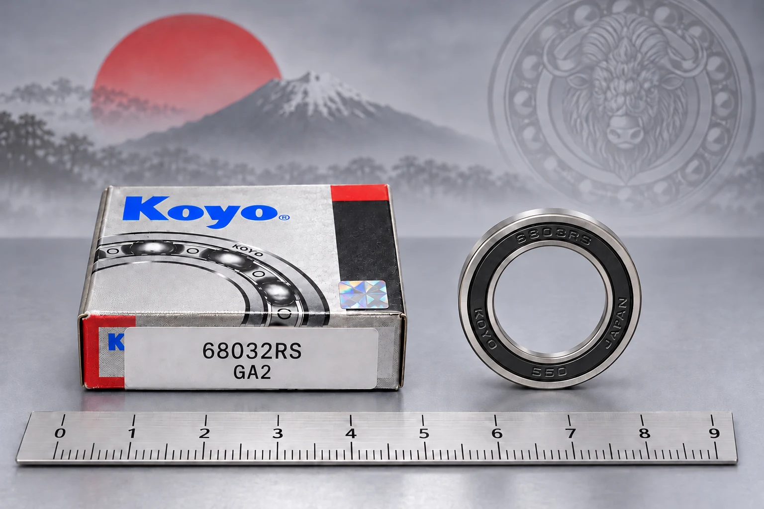 Обработанное товарное изображение KOYO 68032RS с упаковкой; на видимой стороне 6803RS, линейка ориентировочная: Подшипник KOYO 68032RS